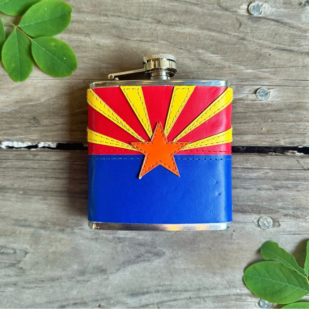 Arizona State Flag ⭐️ Leather Stainless Steel & Faux Leather Wrapped Flask 6 oz